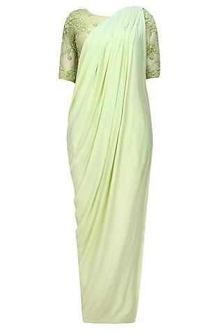 lime green floral beads embroidered three piece concept draped saree set