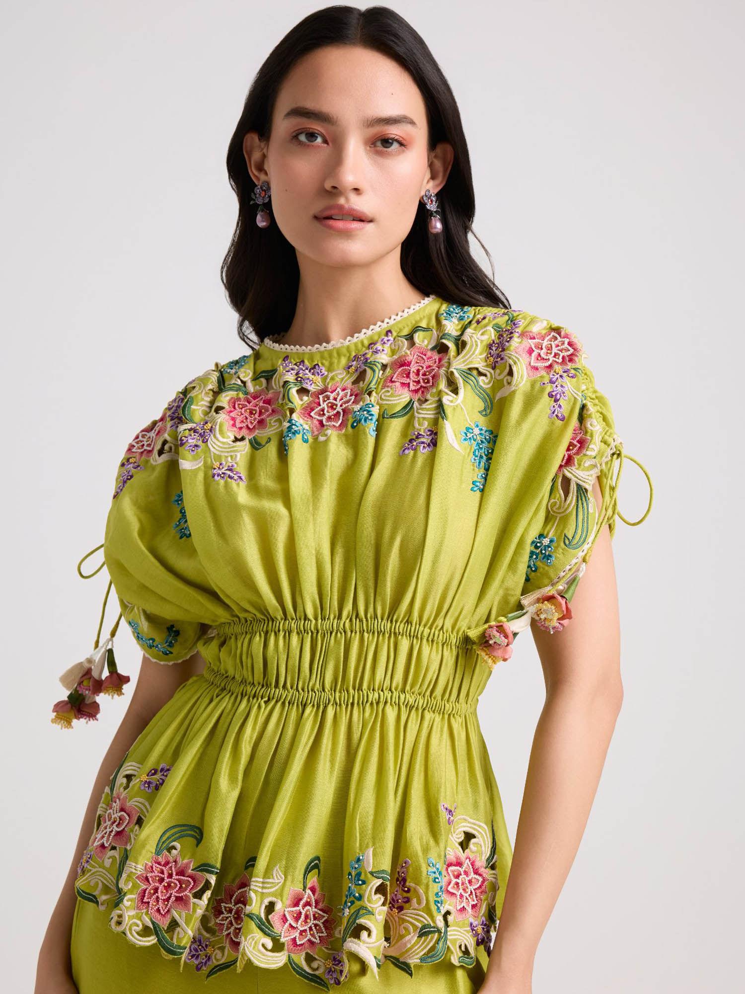 lime green floral cutwork ruched top