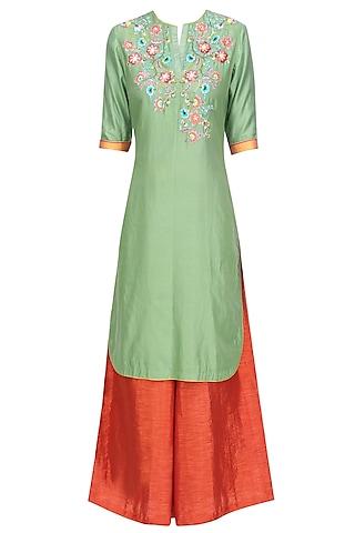 lime green floral embroidered kurta with orange palazzo pants