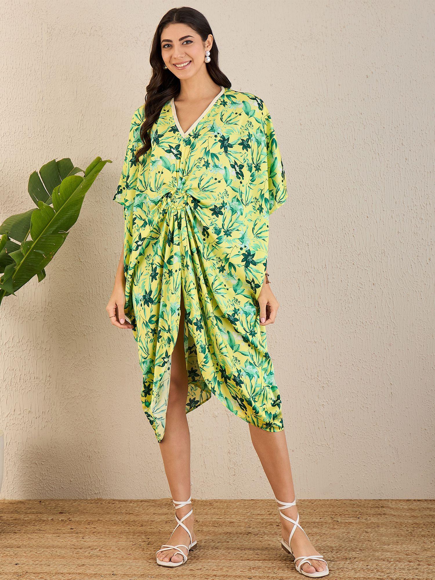 lime green floral mid length kaftan midi dress