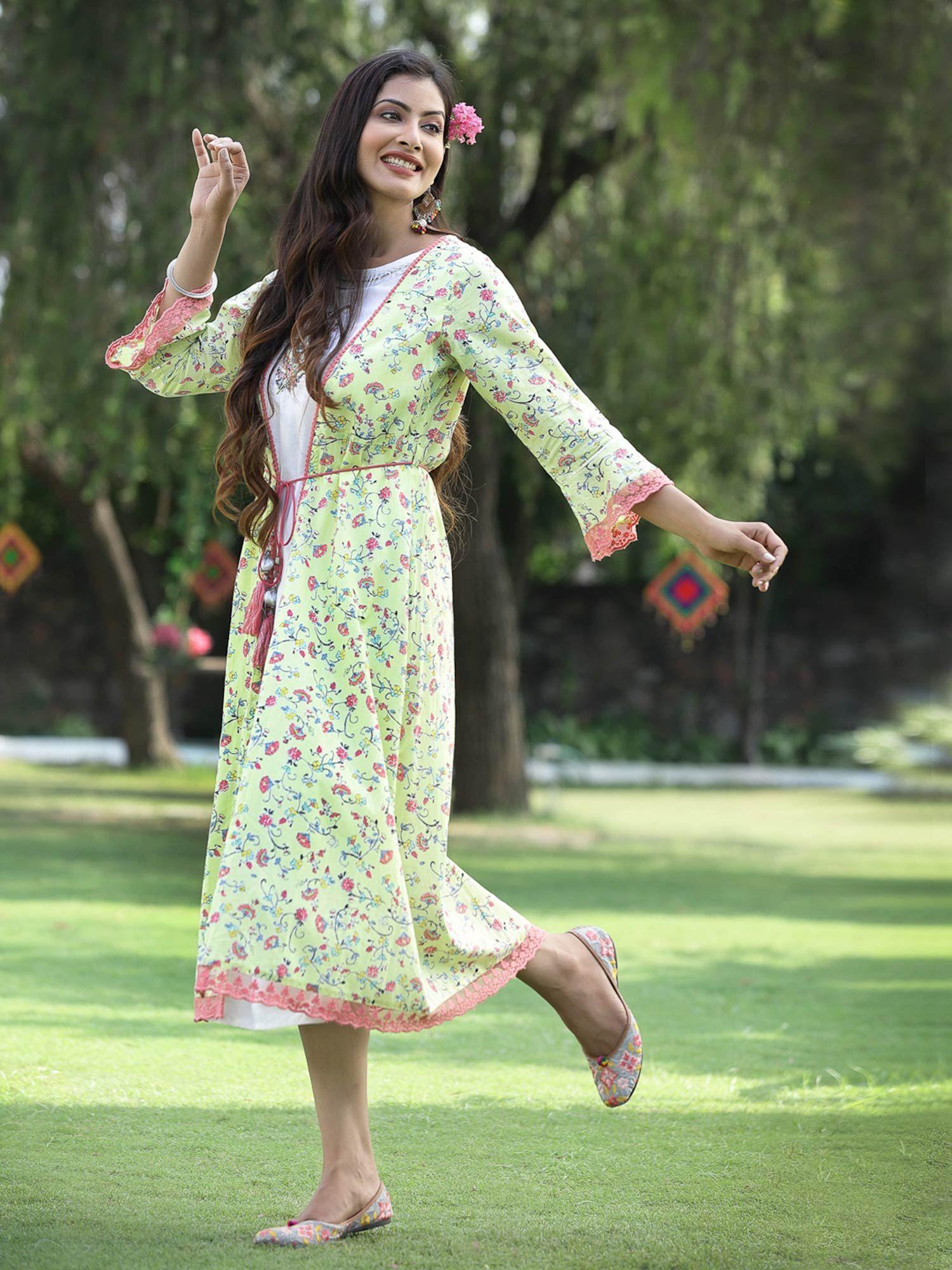 lime green floral printed cotton lacy jacket style kurta with thread work & dori at waist