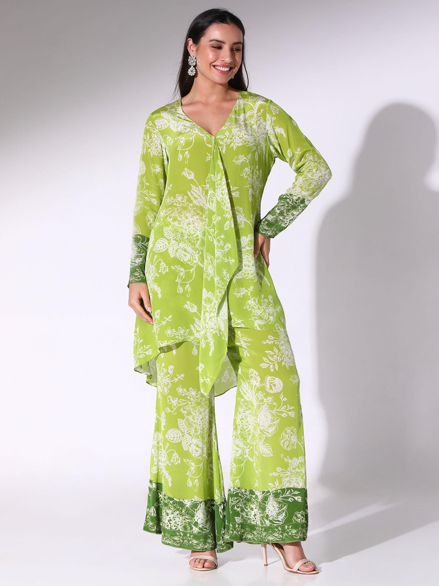 lime green floral tunic with pant (set of 2)