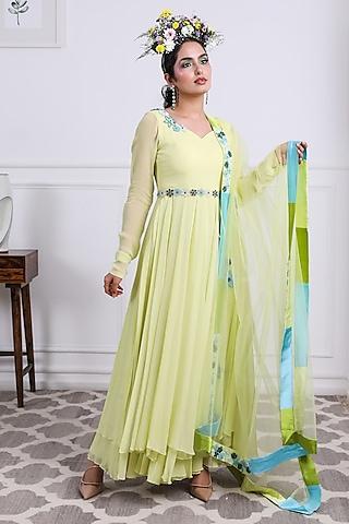 lime green georgette embroidered anarkali set