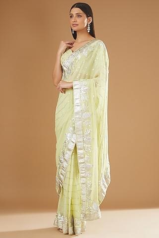 lime green georgette embroidered pre-pleated saree set