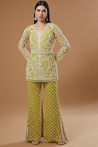 lime green georgette embroidered tunic set