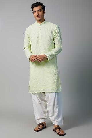 lime green georgette floral thread embroidered kurta set