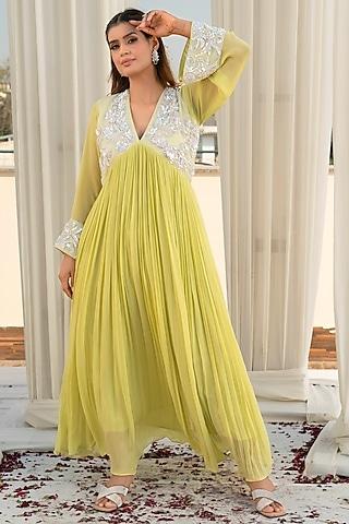 lime green georgette pleated anarkali