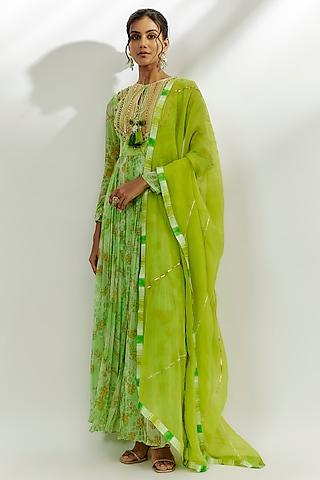 lime green georgette printed & gota work anarkali set