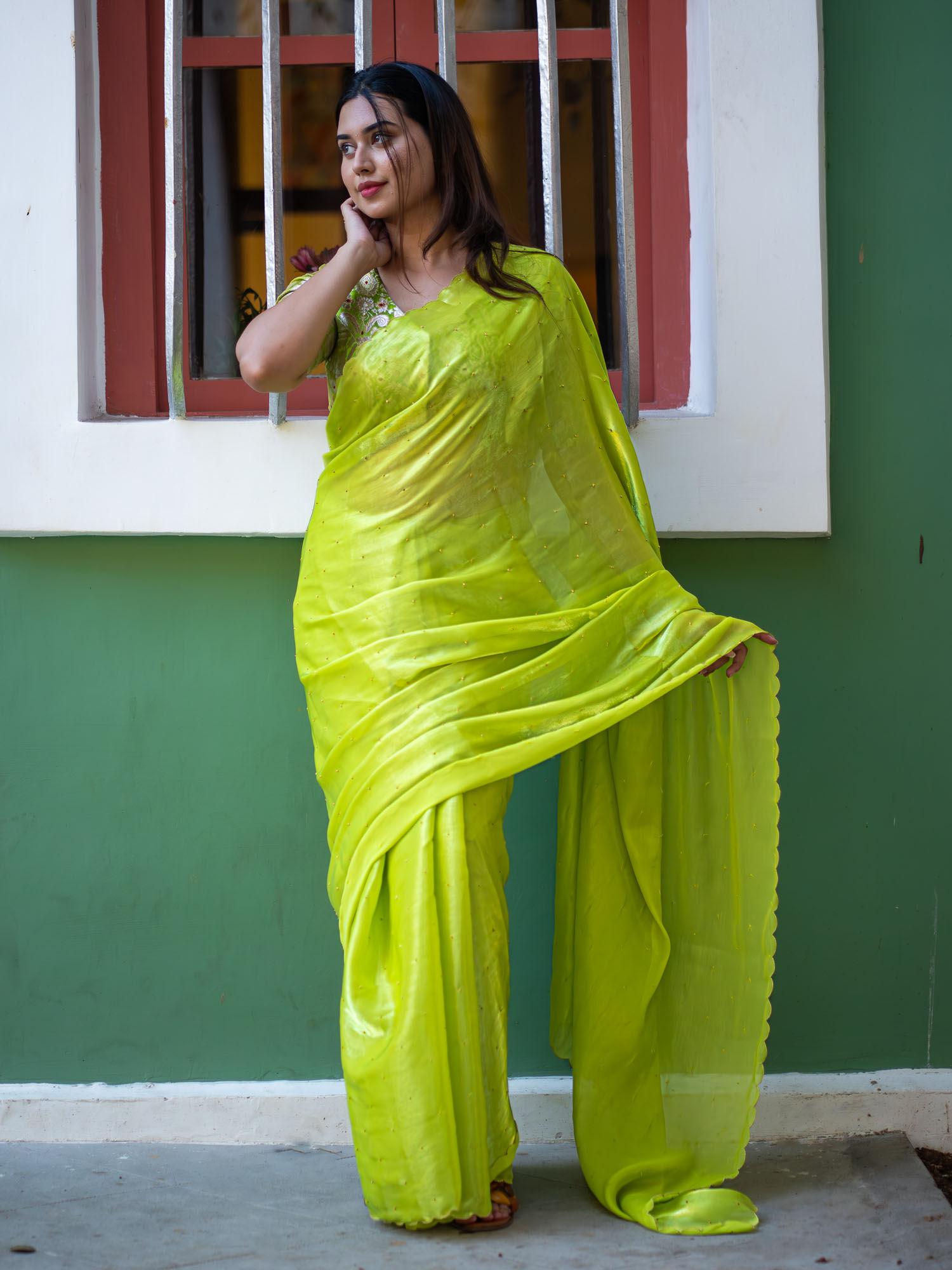 lime green glazy organza saree with hand embroidery scallop edge design