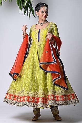 lime green gota fabric machine embroidered anarkali set