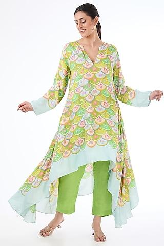 lime green habutai silk floral printed asymmetric tunic set