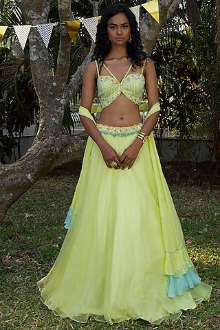 lime green hand embroidered lehenga set