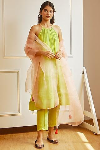 lime green handwoven chanderi tunic set