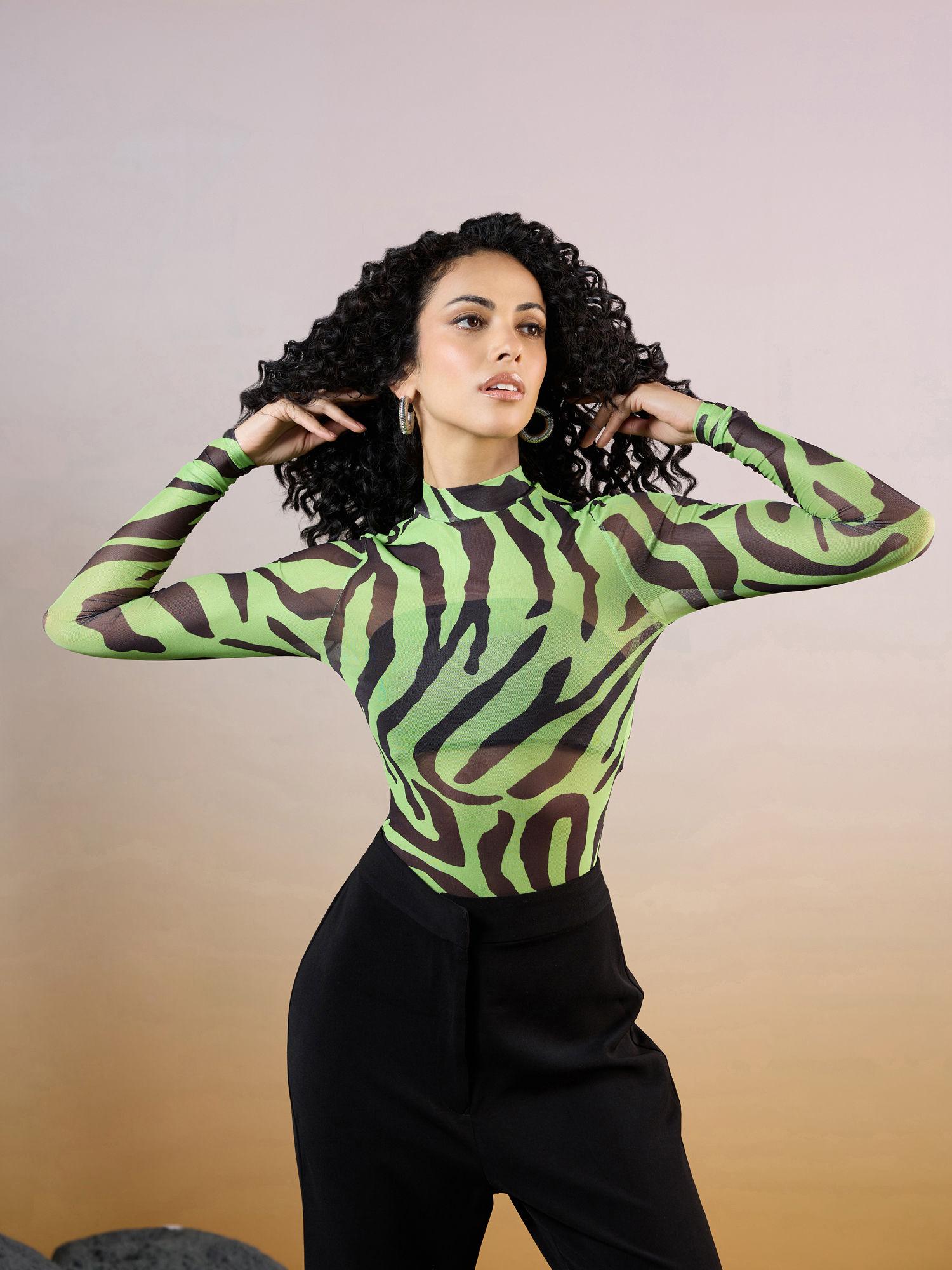 lime green high neck animal print bodysuit