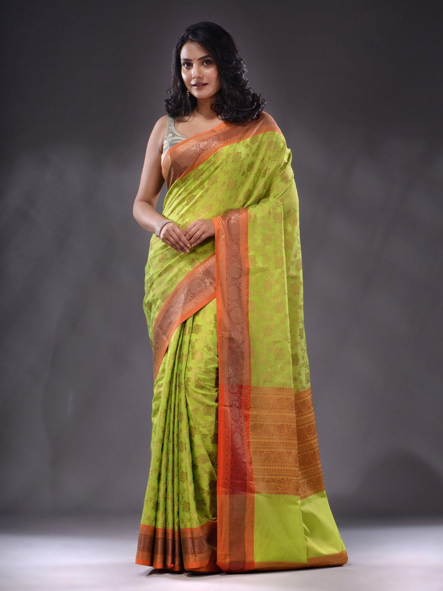 lime green katan silk handwoven saree with unstitched blouse