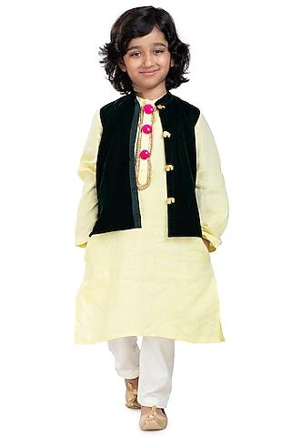 lime green linen kurta set with waist coat for boys