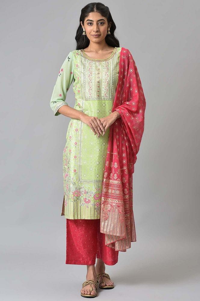 lime green liva kurta with pink printed palazzo and dupatta