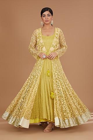 lime green net & georgette aari embroidered anarkali with attached jacket