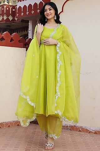 lime green organza aari embroidered anarkali set