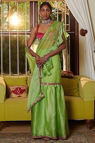 lime green organza draped saree set