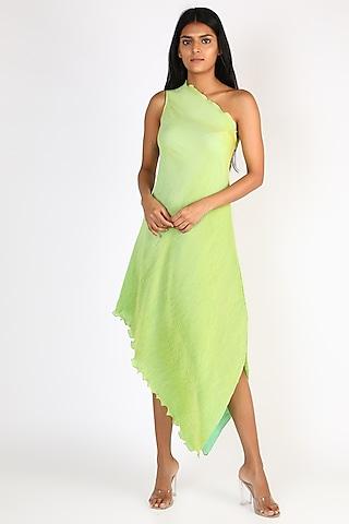 lime green pleated one shoulder dress