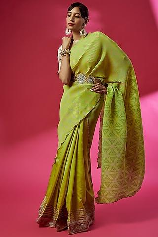 lime green pleated polyester printed & embroidered saree set