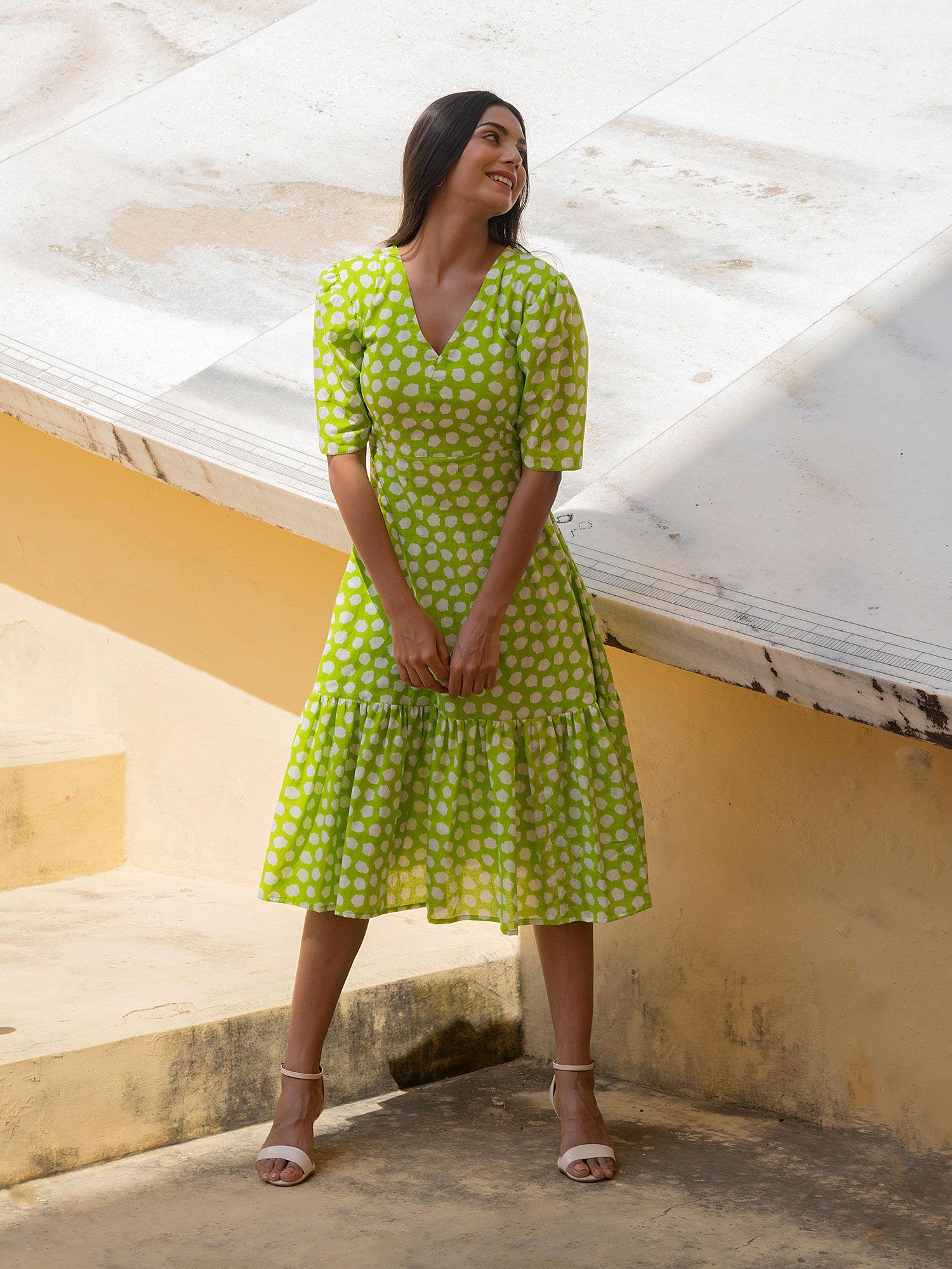 lime green polka shoulder gathered sleeve dress