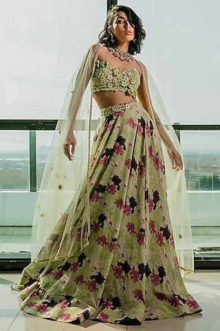 lime green poly georgette & net floral printed lehenga set