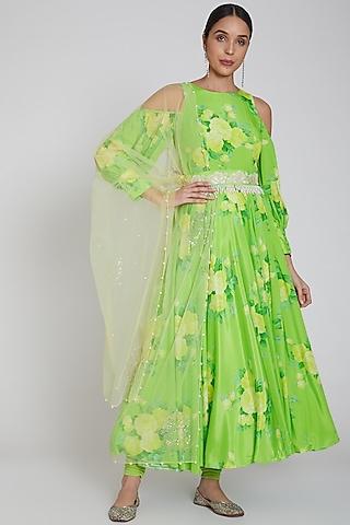 lime green printed anarkali set