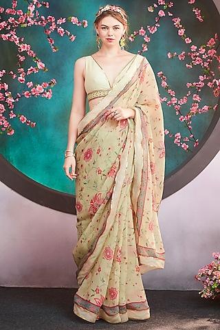 lime green printed saree set