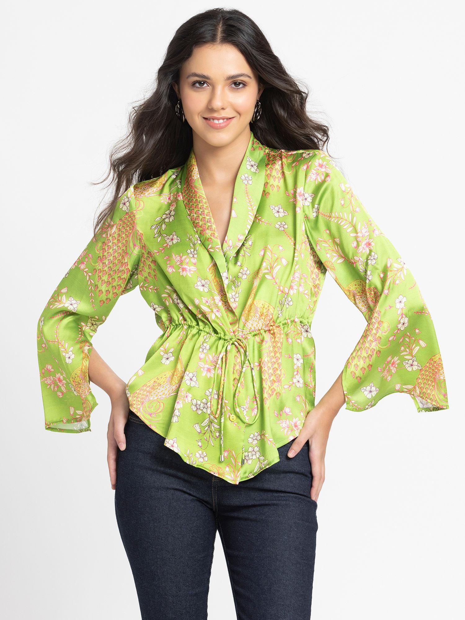 lime green printed three quarter sleeves casual shirt for women