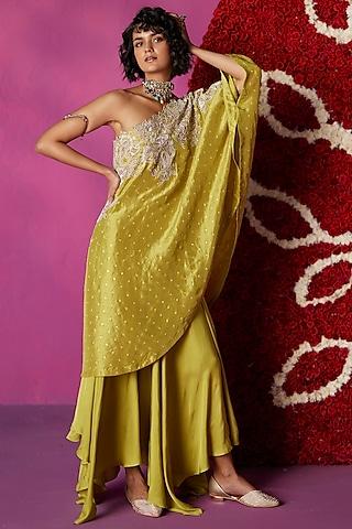 lime green pure silk hand embroidered one-shoulder kaftan set