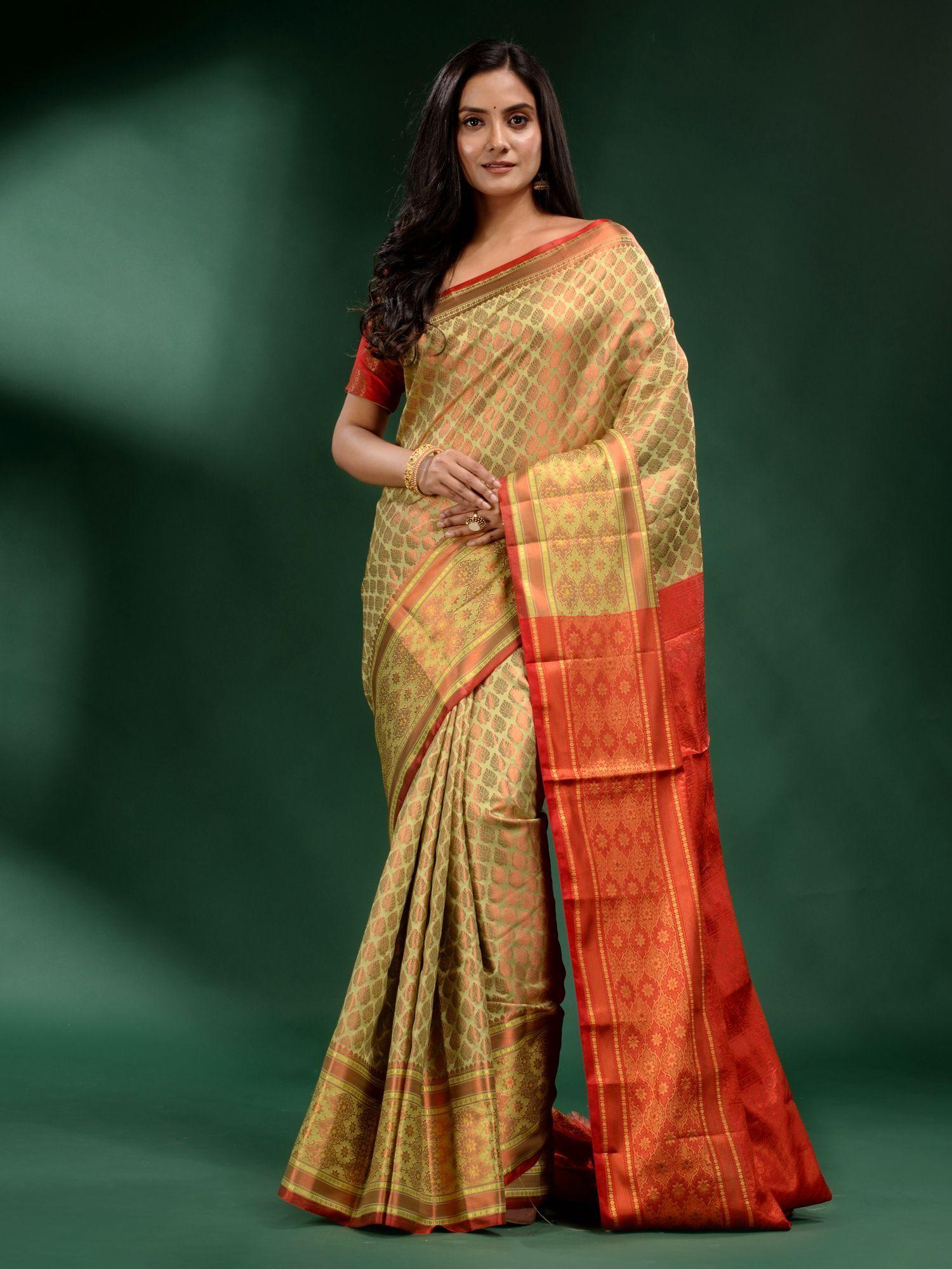 lime green pure silk handwoven soft saree with unstitched blouse