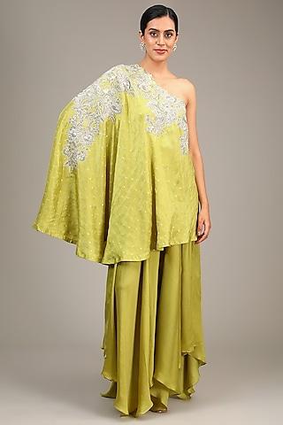 lime green pure silk resham & pearl hand embroidered one-shoulder kaftan set