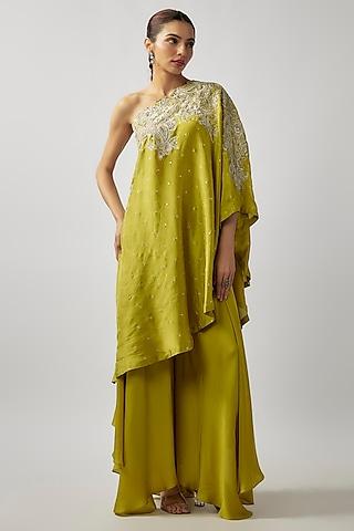 lime green pure silk zardosi & resham embroidered kaftan set