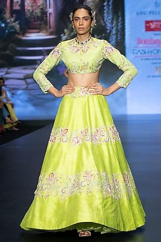 lime green raw silk floral hand embroidered lehenga set