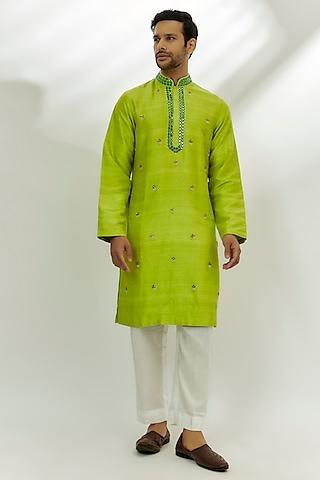 lime green raw silk resham & pearl embroidered kurta