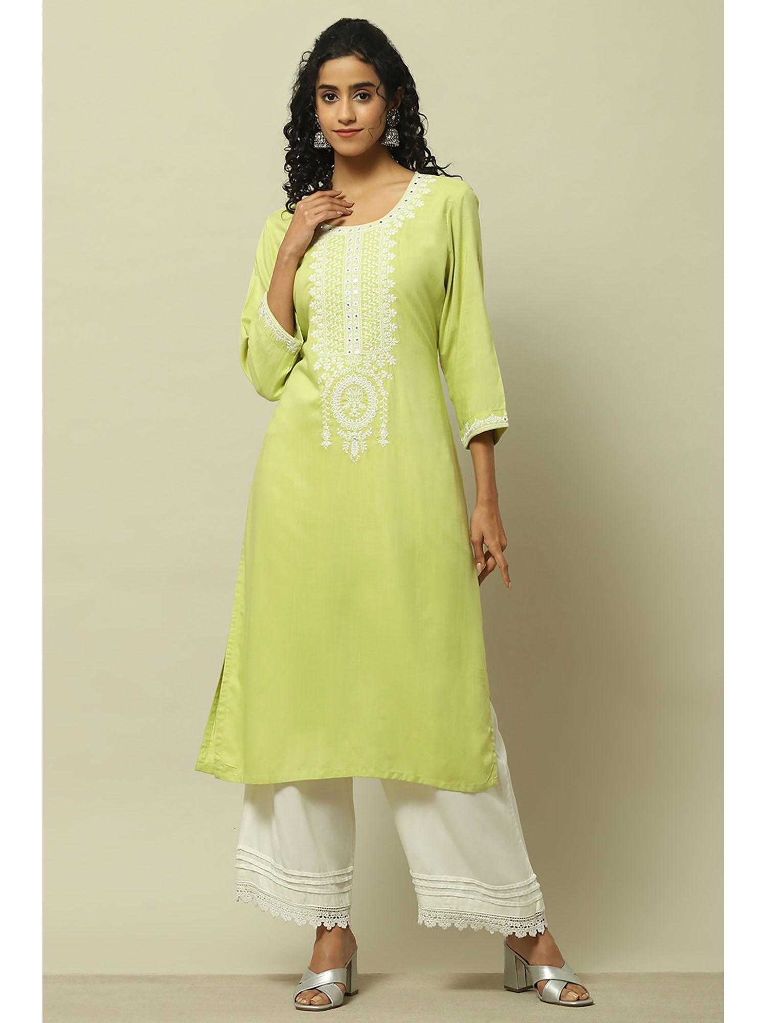 lime green rayon slub straight kurta