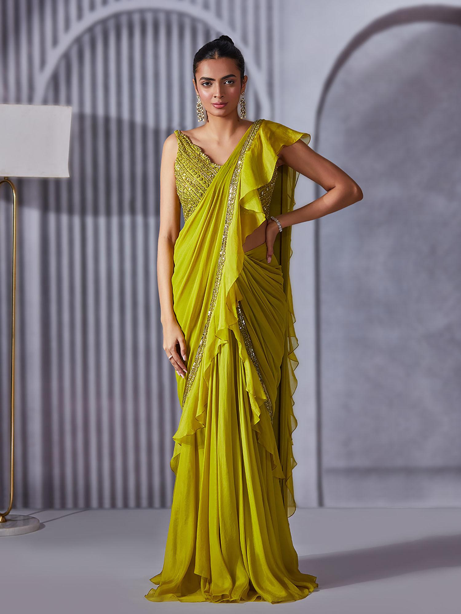 lime green ruffle saree with blouse with stitched