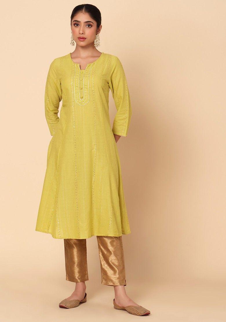 lime green sequin and thread embroidered muslin a-line kurta