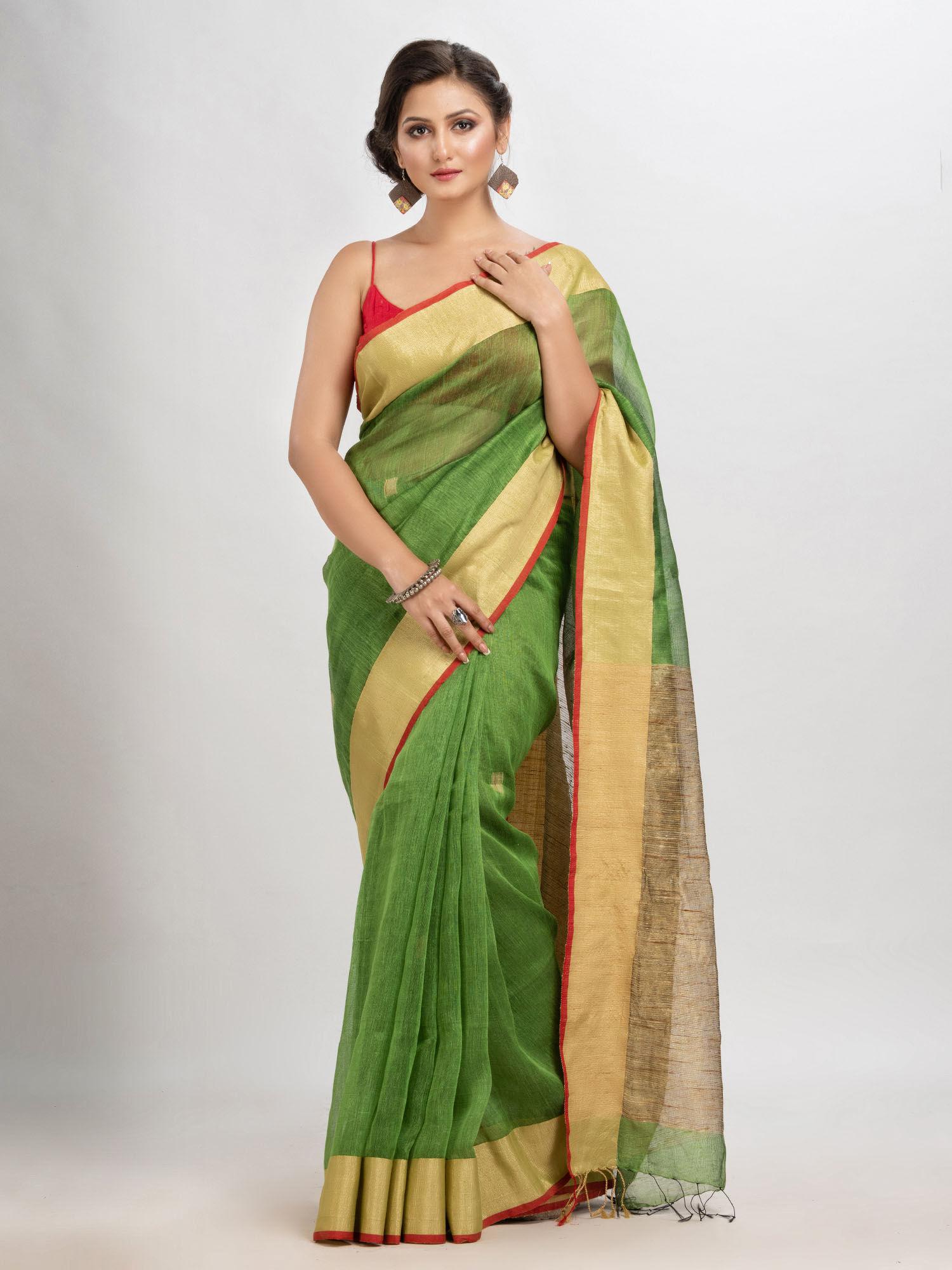 lime green silk blend linen with solid border jamdani saree with unstitched blouse