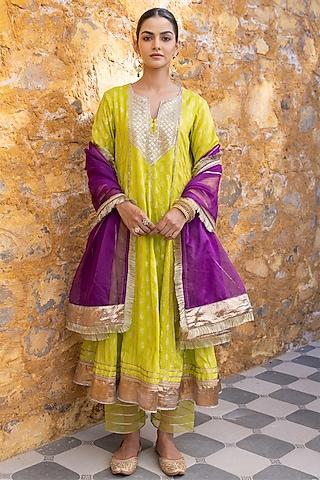 lime green silk blend sequins embroidered anarkali set