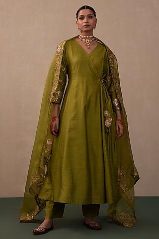 lime green silk chanderi embroidered angrakha kurta set