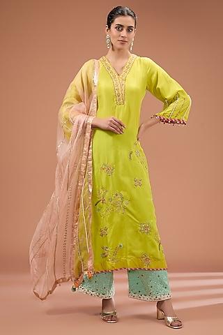 lime green silk hand embroidered kurta set