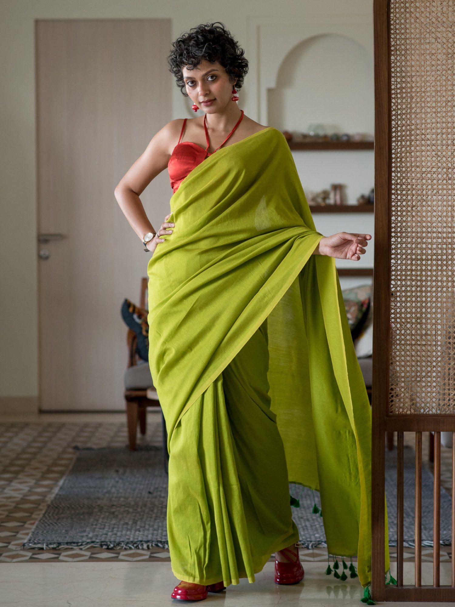 lime green solid cotton blend saree without blouse