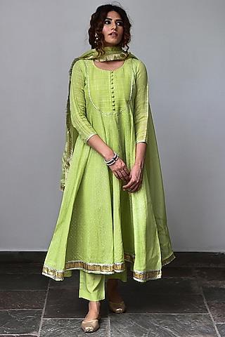 lime green striped kalidar anarkali set