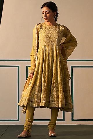 lime green tissue embroidered anarkali set