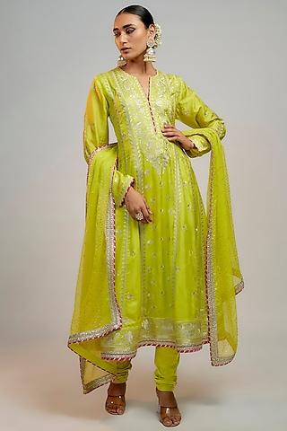 lime green tussar hand & machine embroidered anarkali set