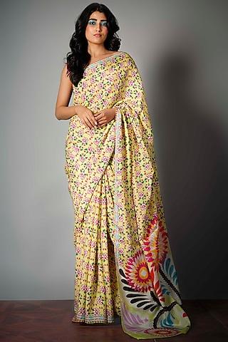 lime green viscose silk digital printed & embroidered saree