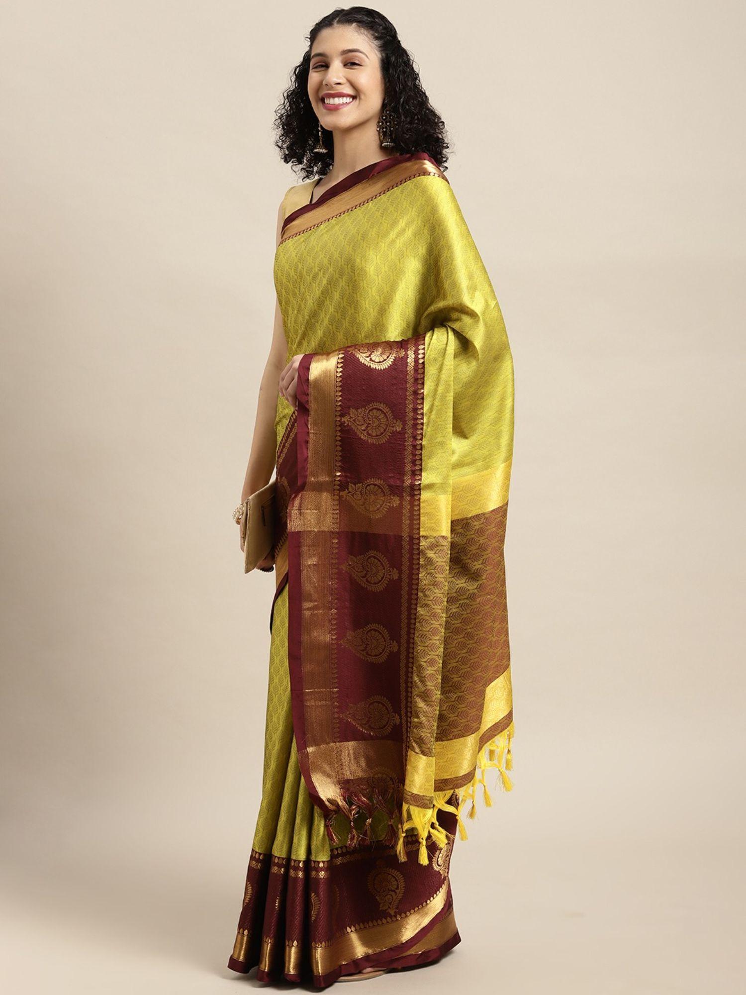 lime green woven design banarasi saree with unstitched blouse